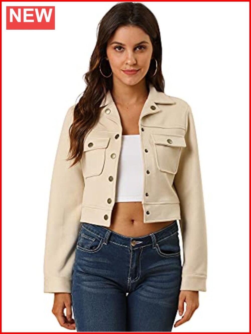 Faux Suede Cropped Jacket Button Front Long Sleeve Casual
